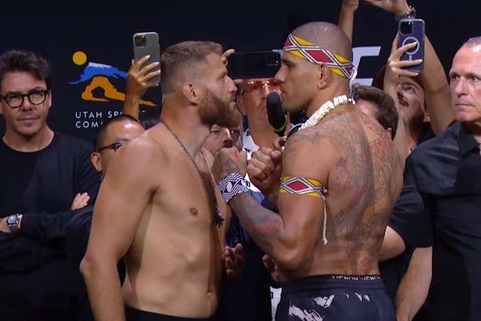 UFC 291 co-headliners Jan Blachowicz and Alex Pereira engage in a staredown at the ceremonial weigh-ins.